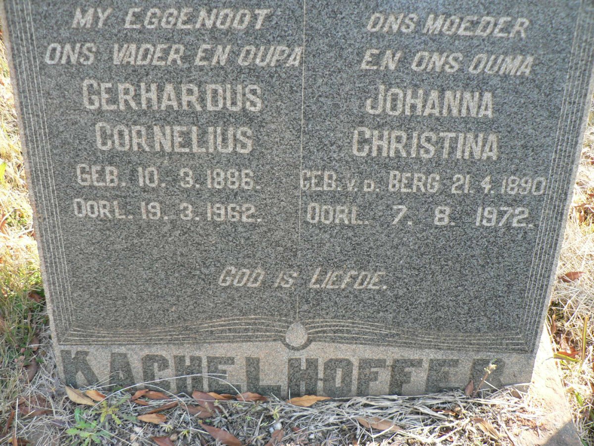 KACHELHOFFER Gerhardus Cornelius 1886-1962 &amp; Johanna Christina V.D. BERG 1890-1972