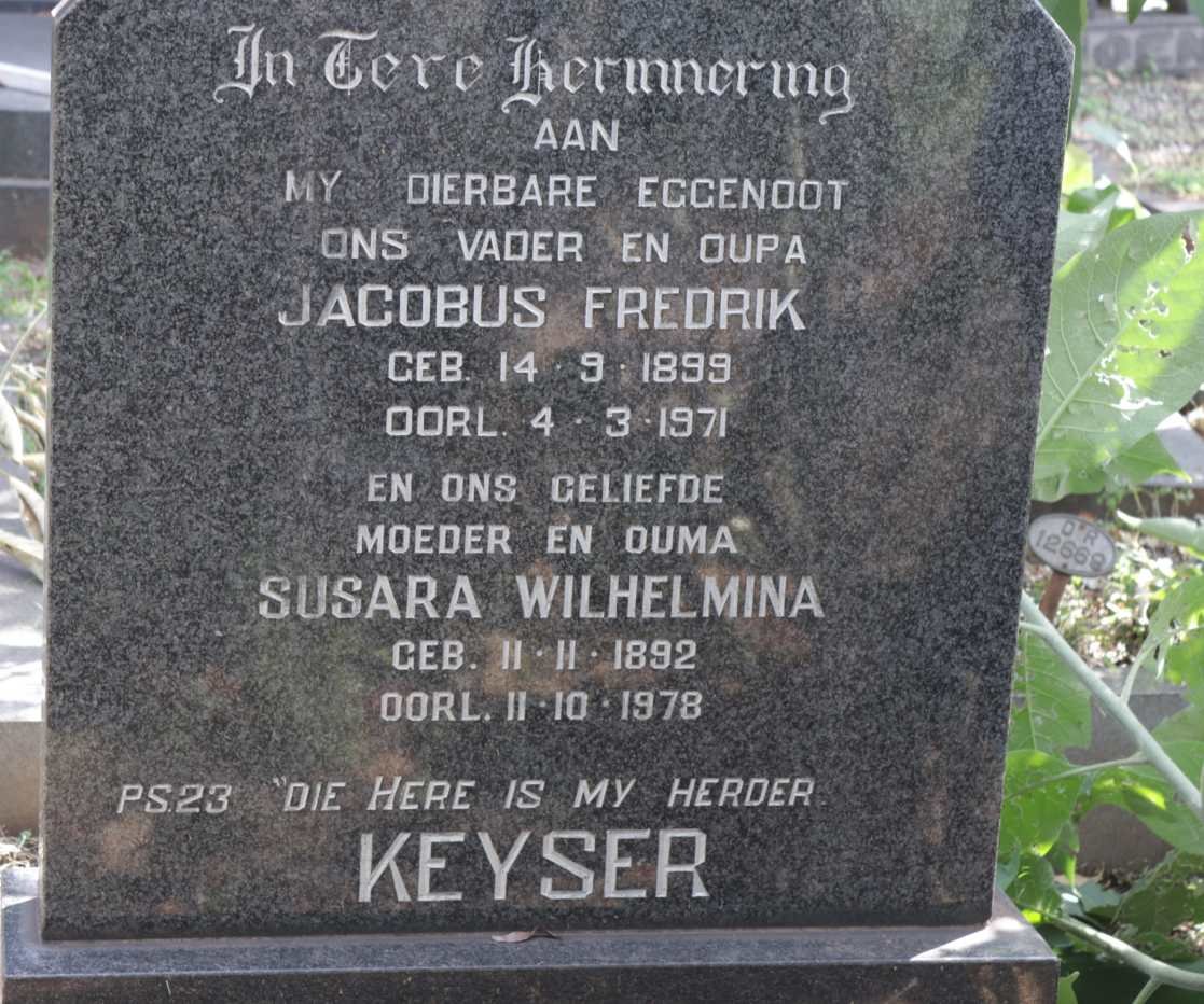 KEYSER Jacobus Fredrik 1899-1971 &amp; Susara Wilhelmina 1892-1978