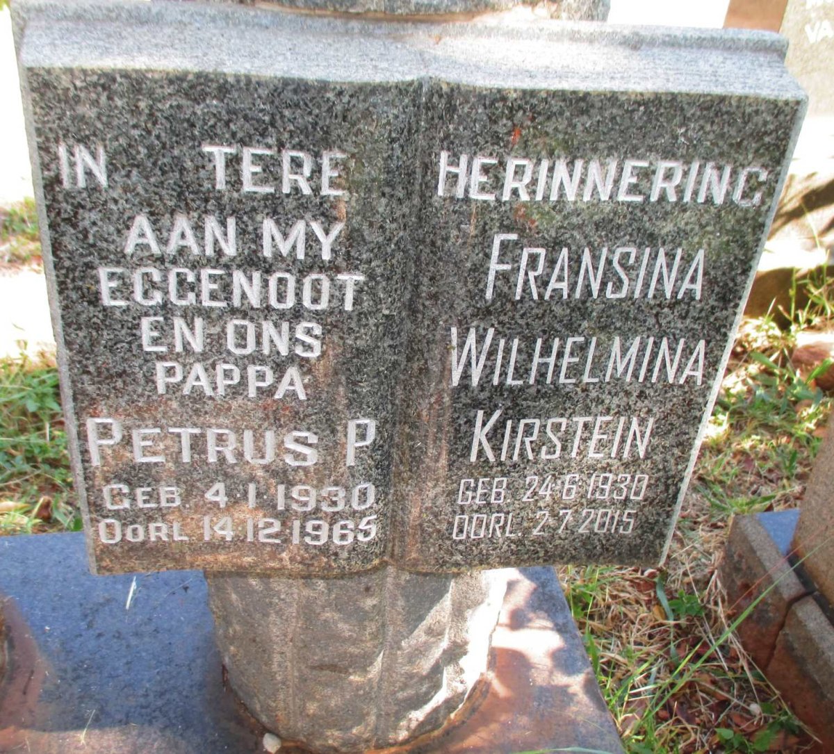 KIRSTEIN Petrus P. 1930-1965 &amp; Fransina Wilhelmina 1930-2015