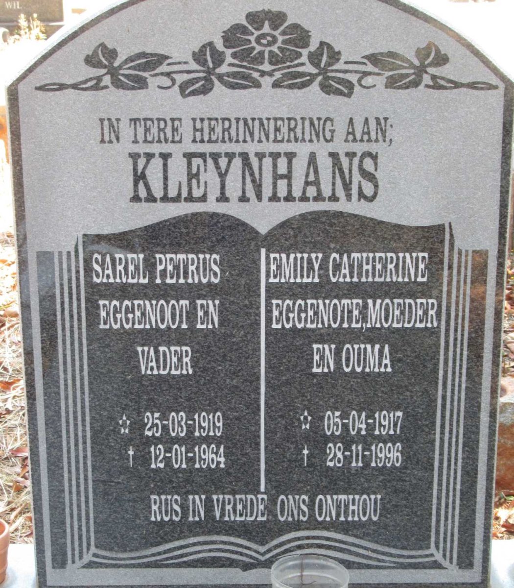 KLEYNHANS Sarel Petrus 1919-1964 &amp; Emily Catherine 1917-1996