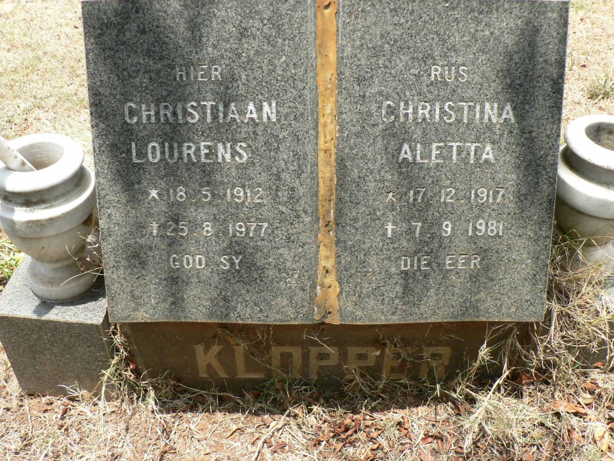 KLOPPER Christiaan Lourens 1912-1977 &amp; Christina Aletta 1917-1981