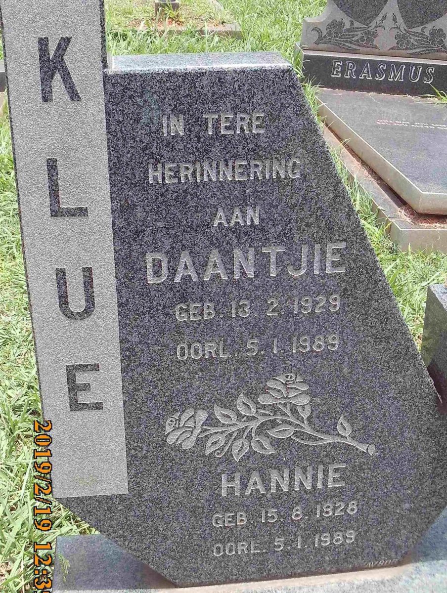 KLUE Daantjie 1929-1989 &amp; Hannie 1928-1989