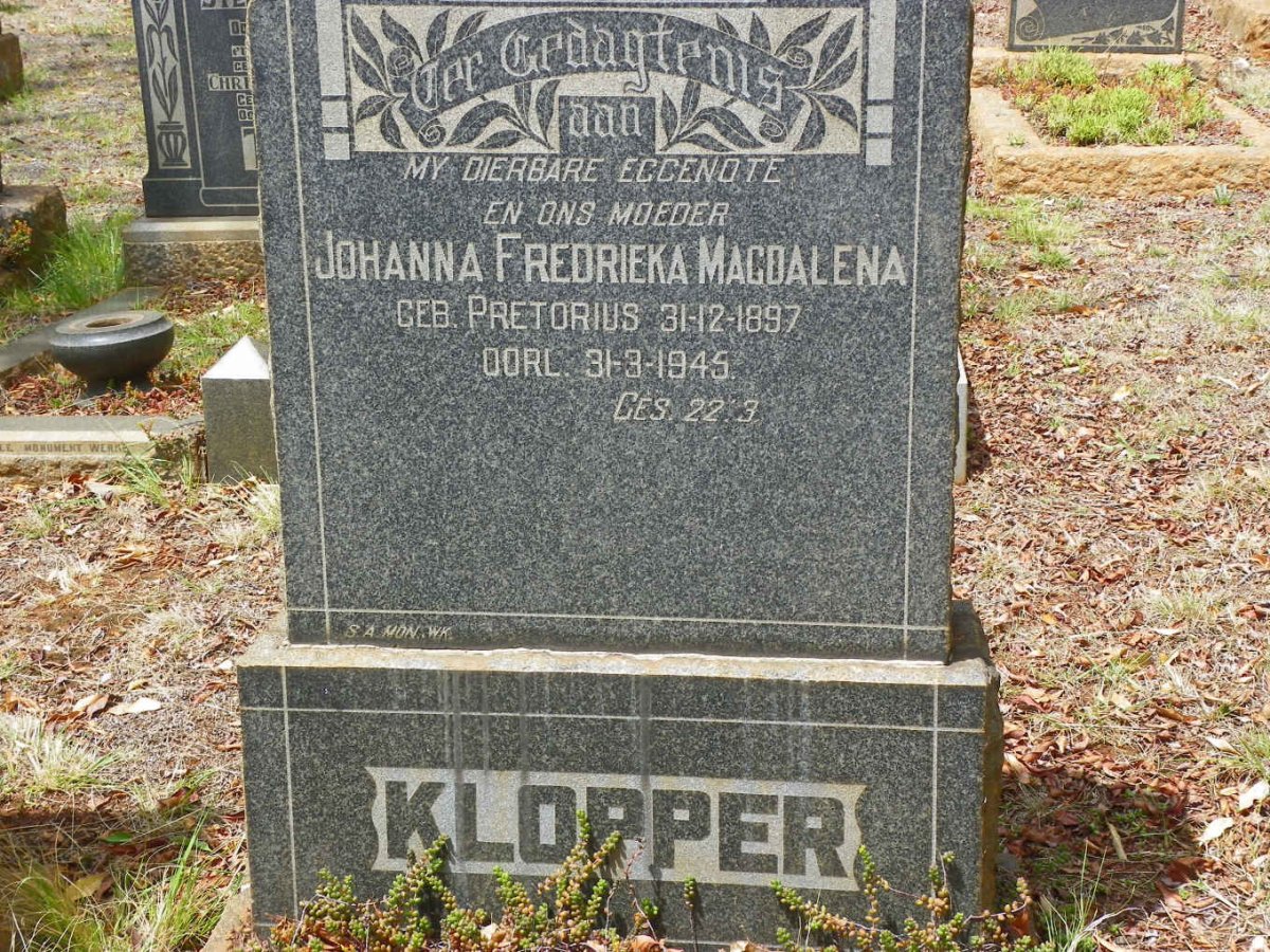 KLOPPER Johanna Fredrieka Magdalena nee PRETORIUS 1897-1945