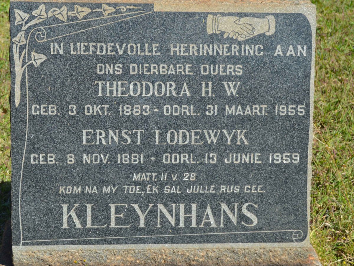KLEYNHANS Ernst Lodewyk 1881-1969 &amp; Theodora H.W. 1883-1955