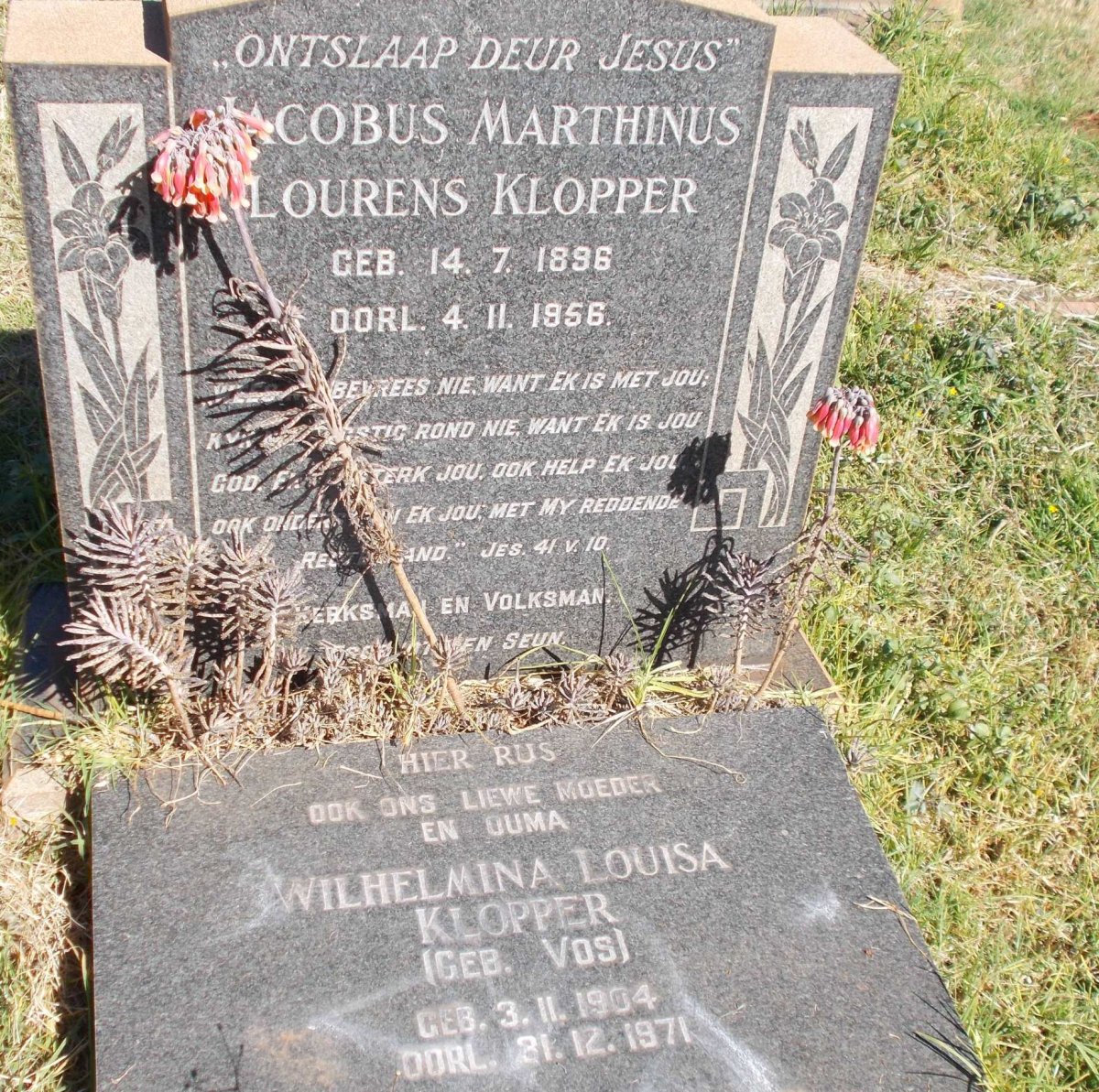 KLOPPER Jacobus Marthinus Lourens 1896-1956 &amp; Wilhelmina Louisa VOS 1904-1971