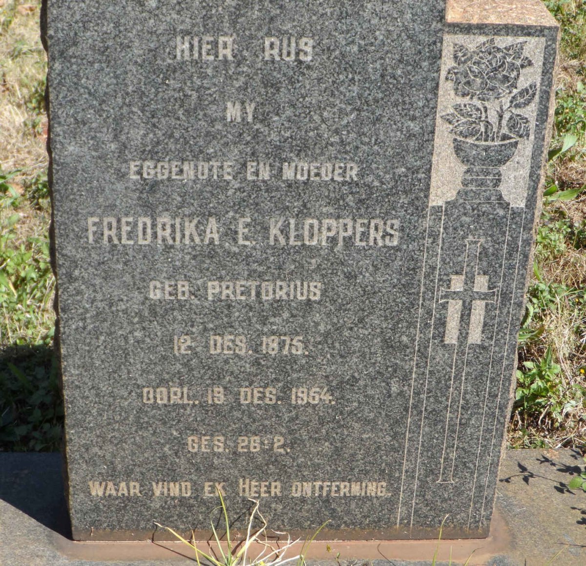 KLOPPERS Fredrika E. nee PRETORIUS 1875-1954