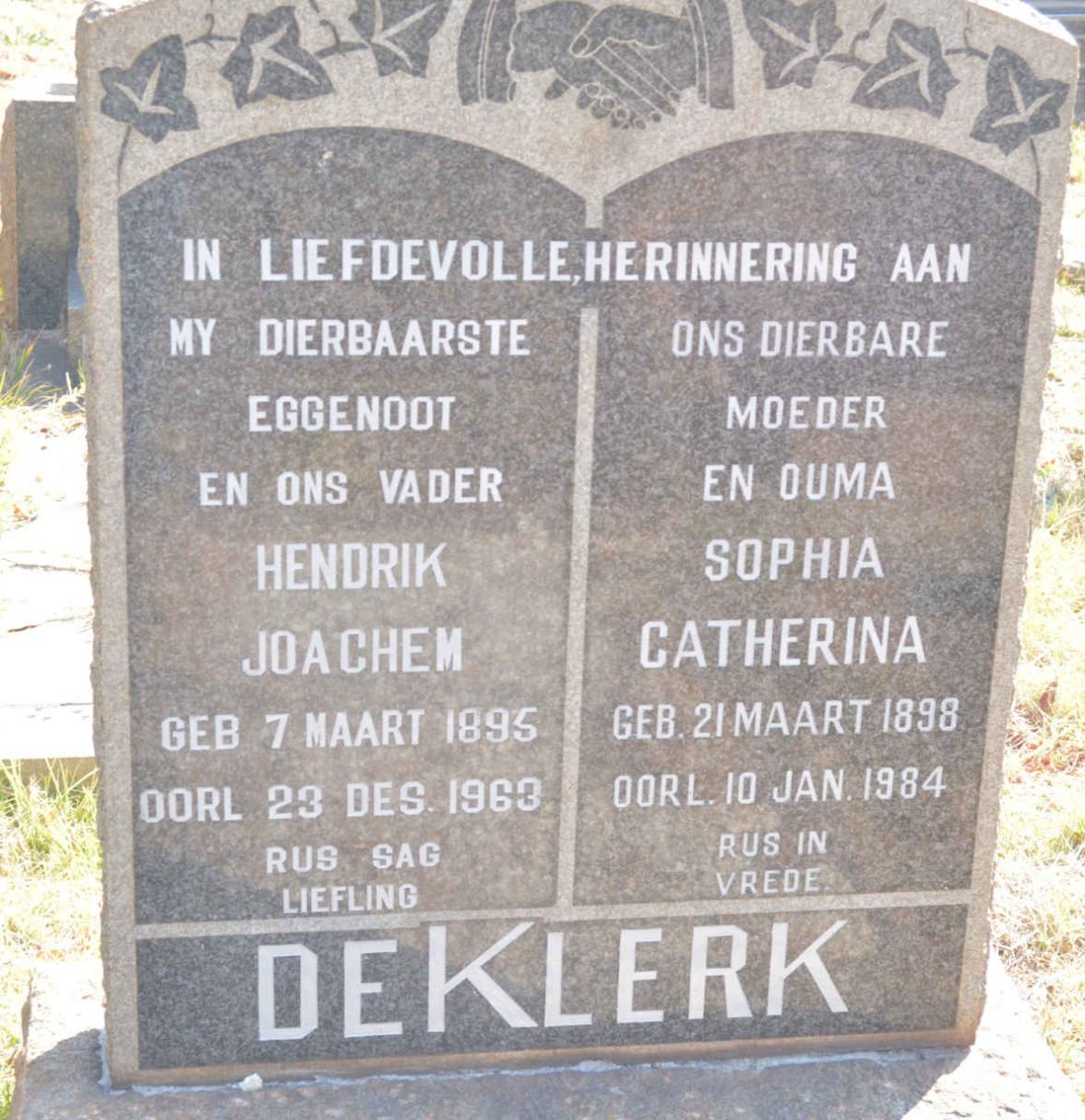 KLERK Hendrik Joachem, de 1895-1963 &amp; Sophia Catherina 1898-1984