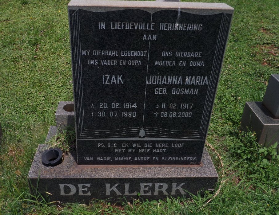 KLERK Izak, de 1914-1990 &amp; Johanna Maria BOSMAN 1917-2000