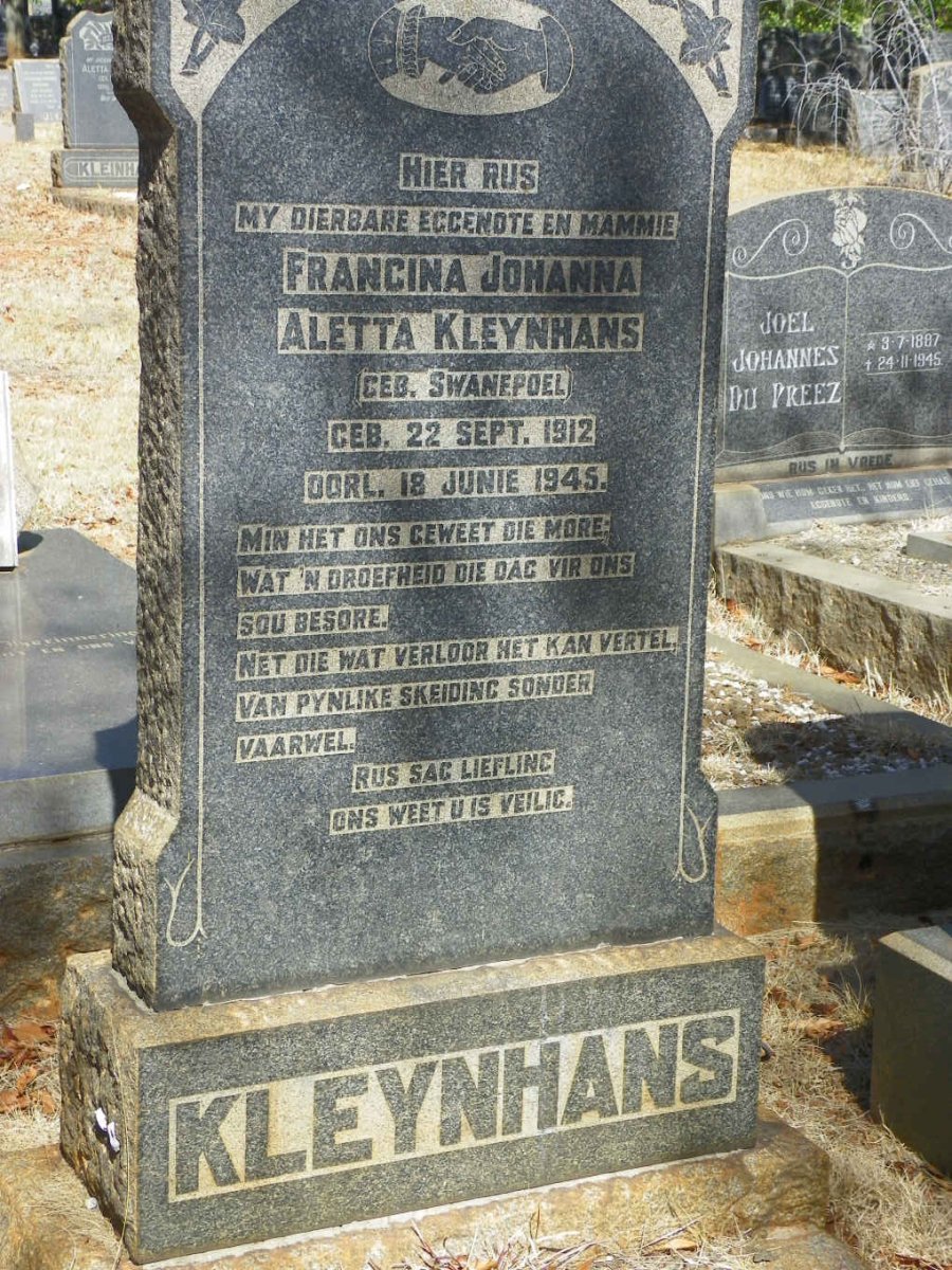 KLEYNHANS Francina Johanna Aletta nee SWANEPOEL 1912-1945