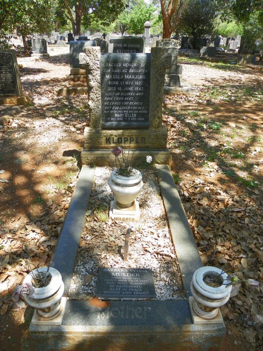 KLOPPER Mary Ellen 1892-1964 :: KLOPPER Mildred Marjorie 1927-1947 :: MULDER Barbara Sylvia 1920-1997