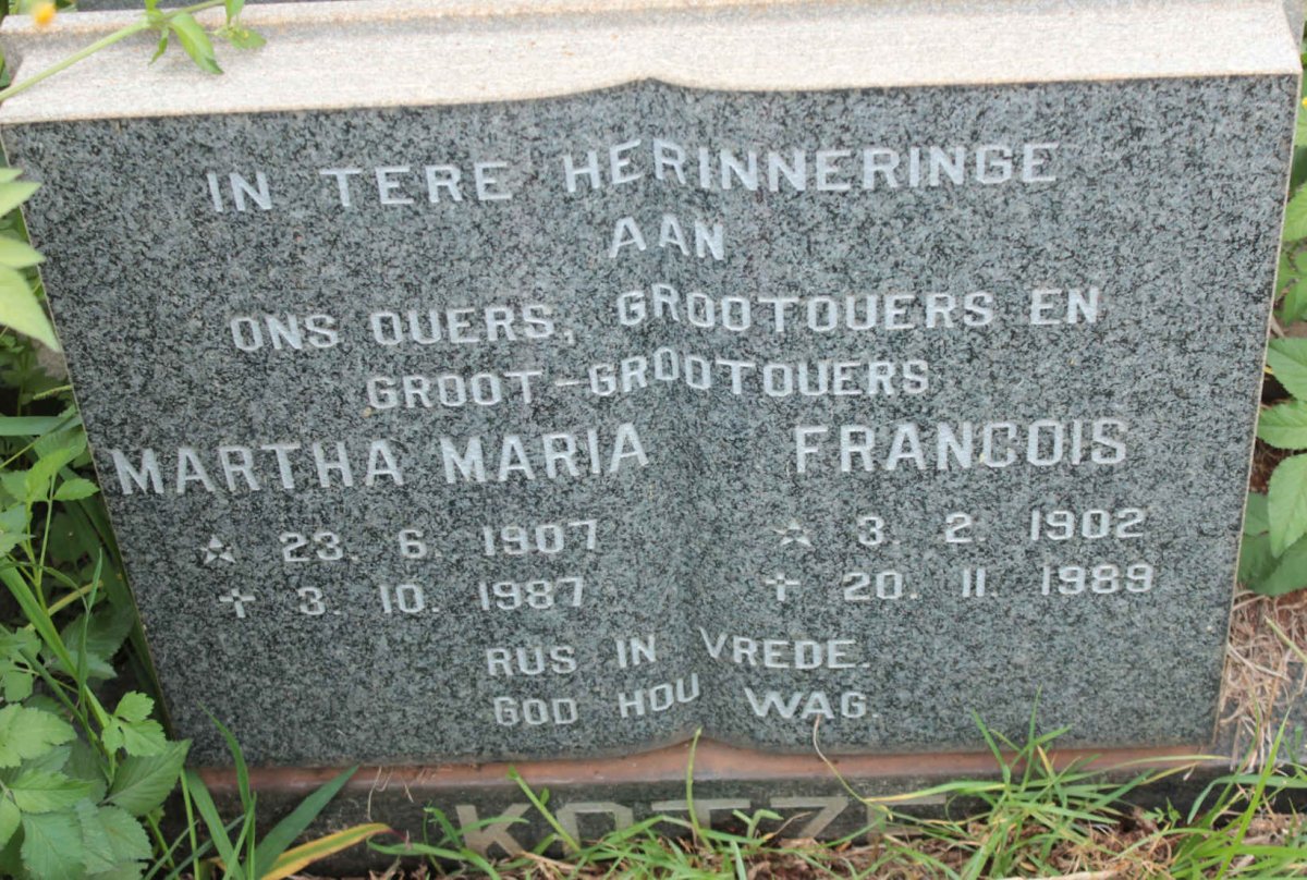 KOTZE Francois 1902-1989 &amp; Martha Maria 1907-1987