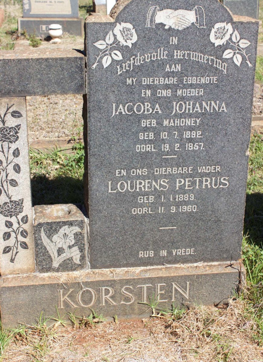 KORSTEN Lourens Petrus 1889-1960 &amp; Jacoba Johanna MAHONEY 1892-1957