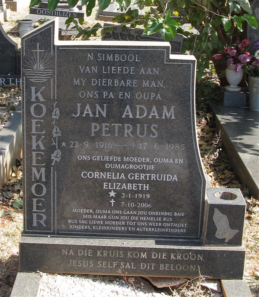 KOEKEMOER Jan Adam 1916-1985 &amp; Cornelia Gertruida Elizabeth 1919-2006