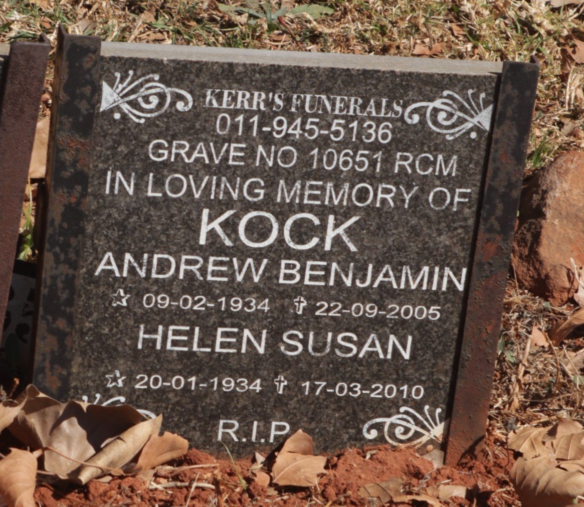 KOCK Andrew Benjamin 1934-2005 &amp; Helen Susan 1934-2010