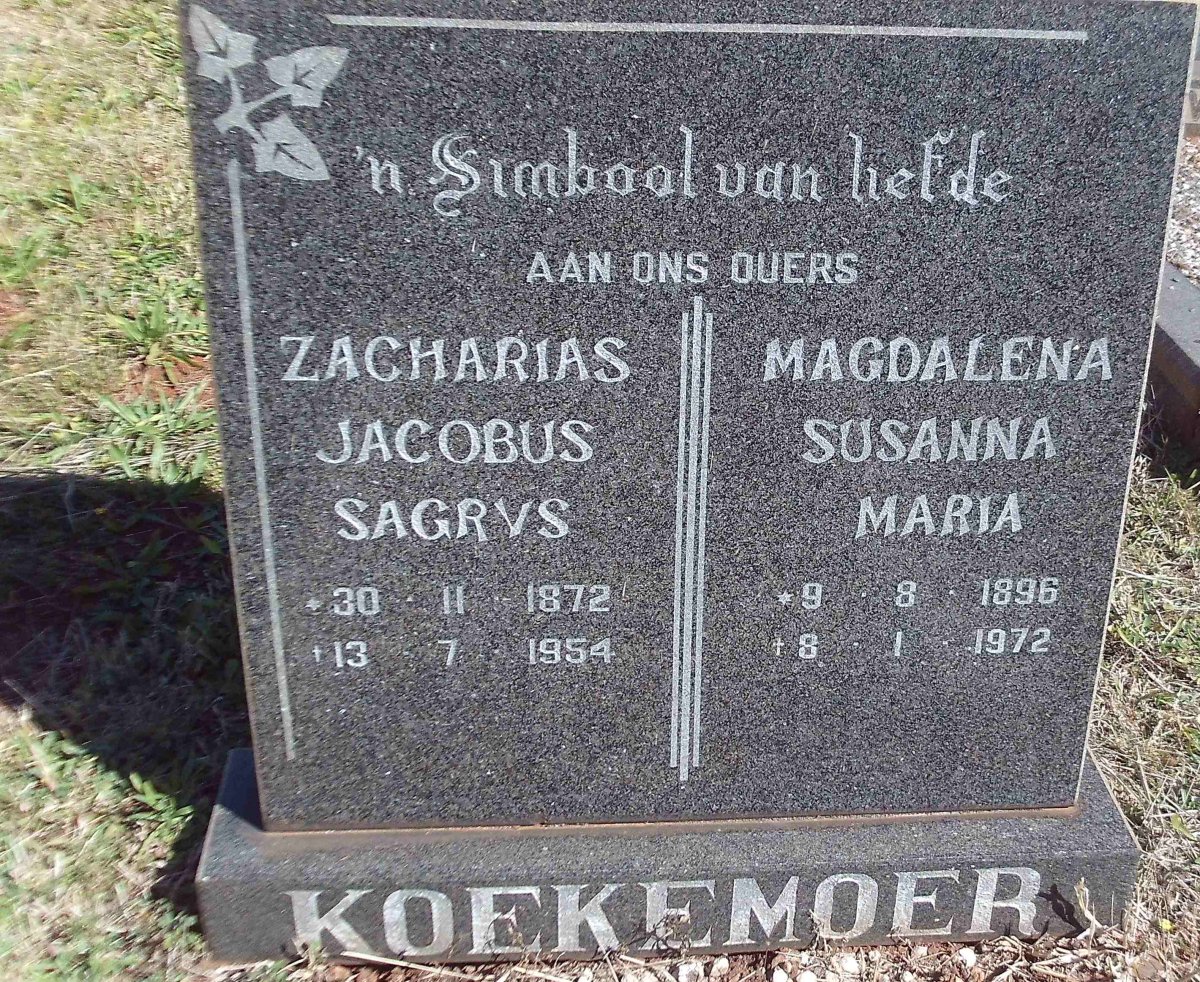 KOEKEMOER Zacharias Jacobus Sagrys 1872-1954 &amp; Magdalena Susanna Maria 1896-1972