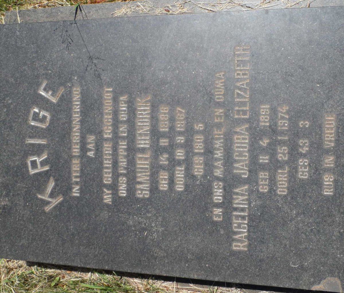KRIGE Samuel Hendrik 1886-1967 &amp; Ragelina Jacoba Elizabeth 1891-1974