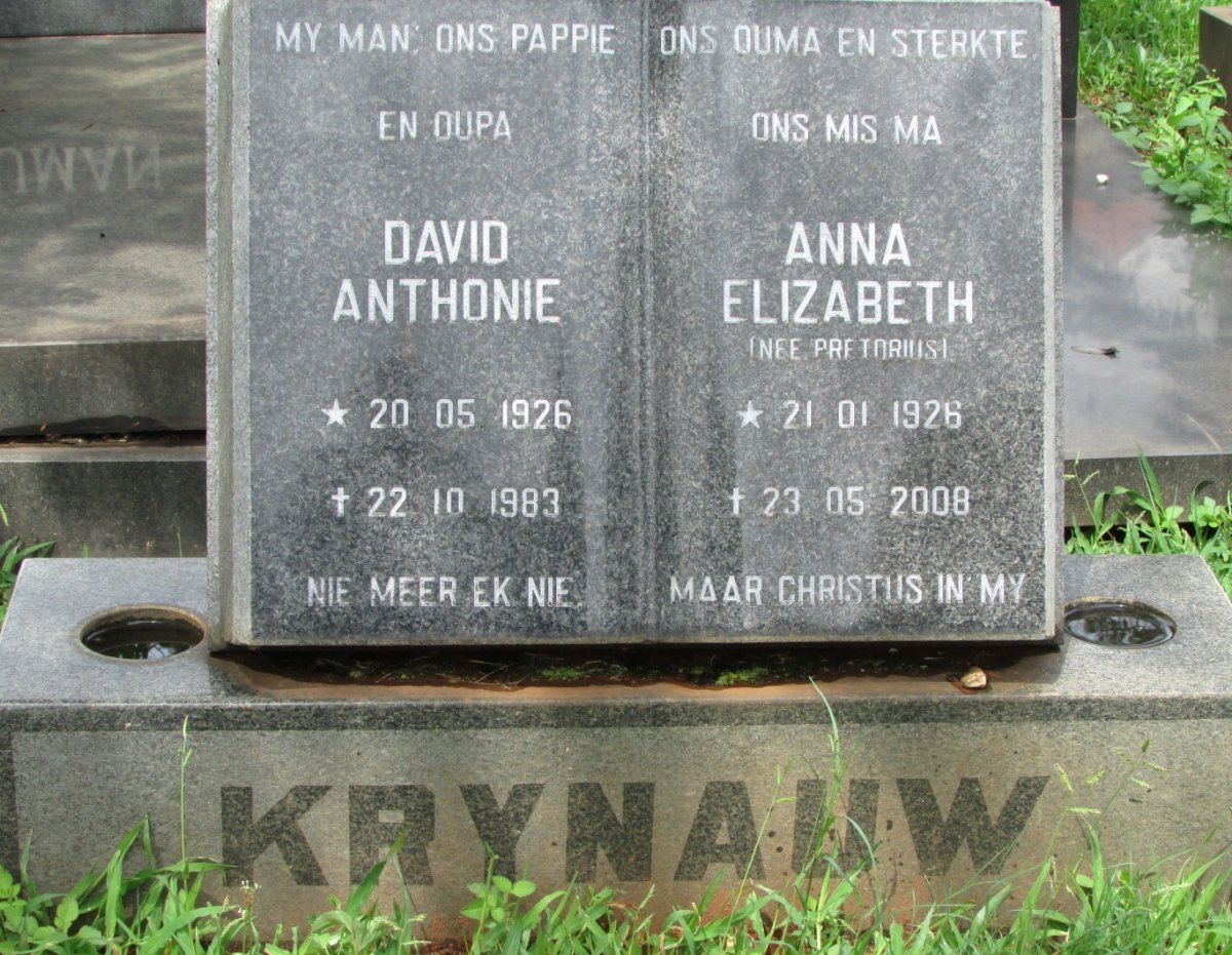 KRYNAUW David Anthonie 1926-1983 &amp; Anna Elizabeth PRETORIUS 1926-2008