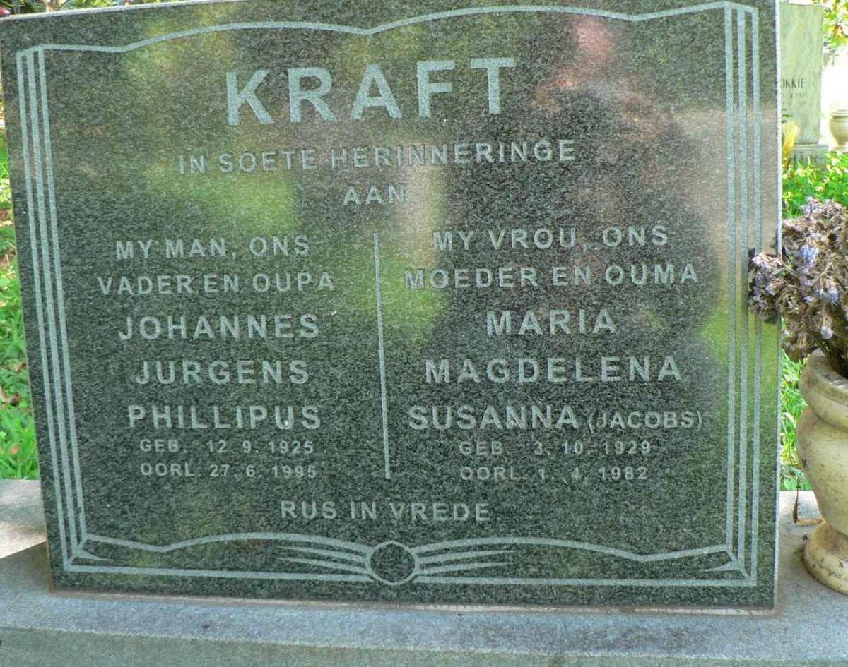 KRAFT Johannes Jurgens Phillipus 1925-1995 &amp; Maria Magdelena Susanna JACOBS 1929-1982