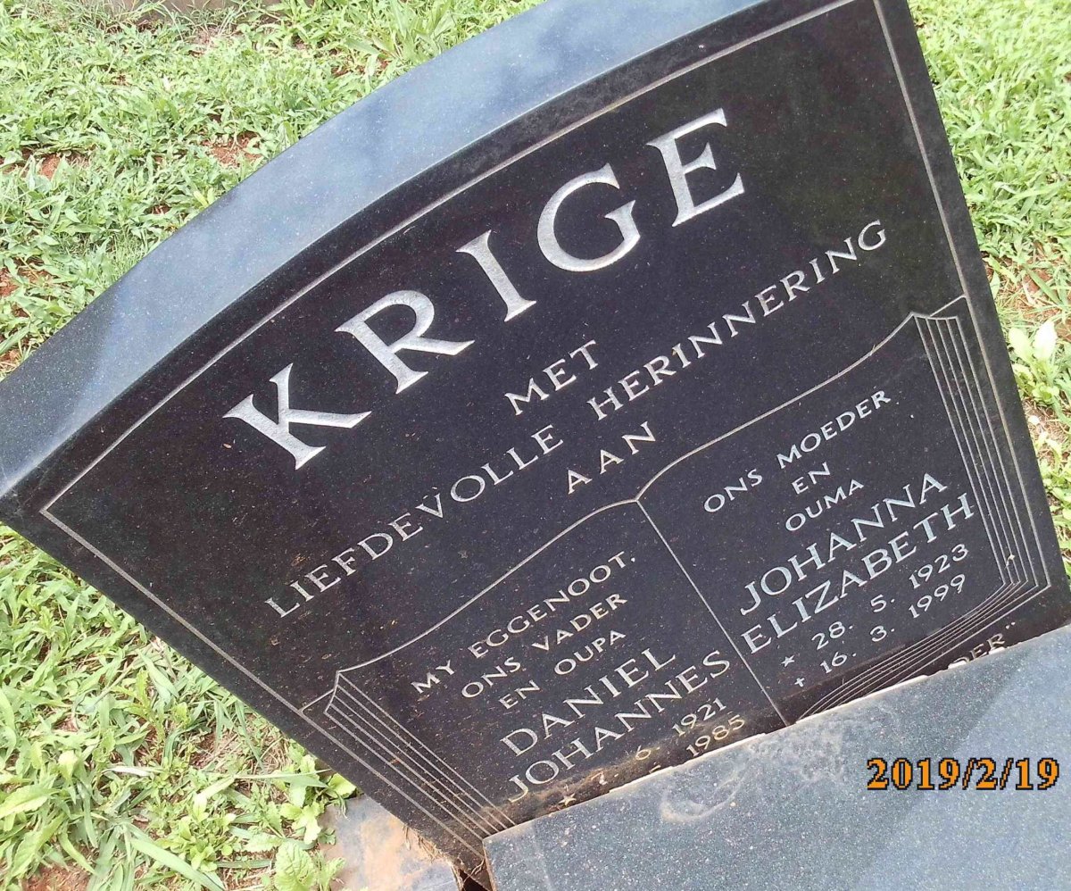 KRIGE Daniel Johannes 1921-1985 &amp; Johanna Elizabeth 1923-1999