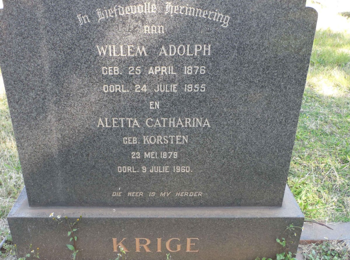 KRIGE Willem Adolph 1876-1955 &amp; Aletta Catharina KORSTEN 1879-1960