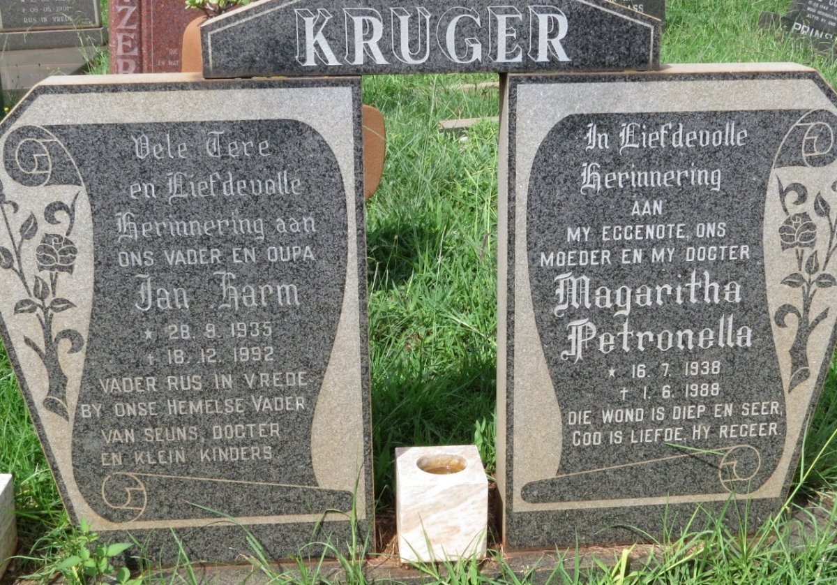 KRUGER Jan Harm 1935-1992 &amp; Magaritha Petronella 1938-1988