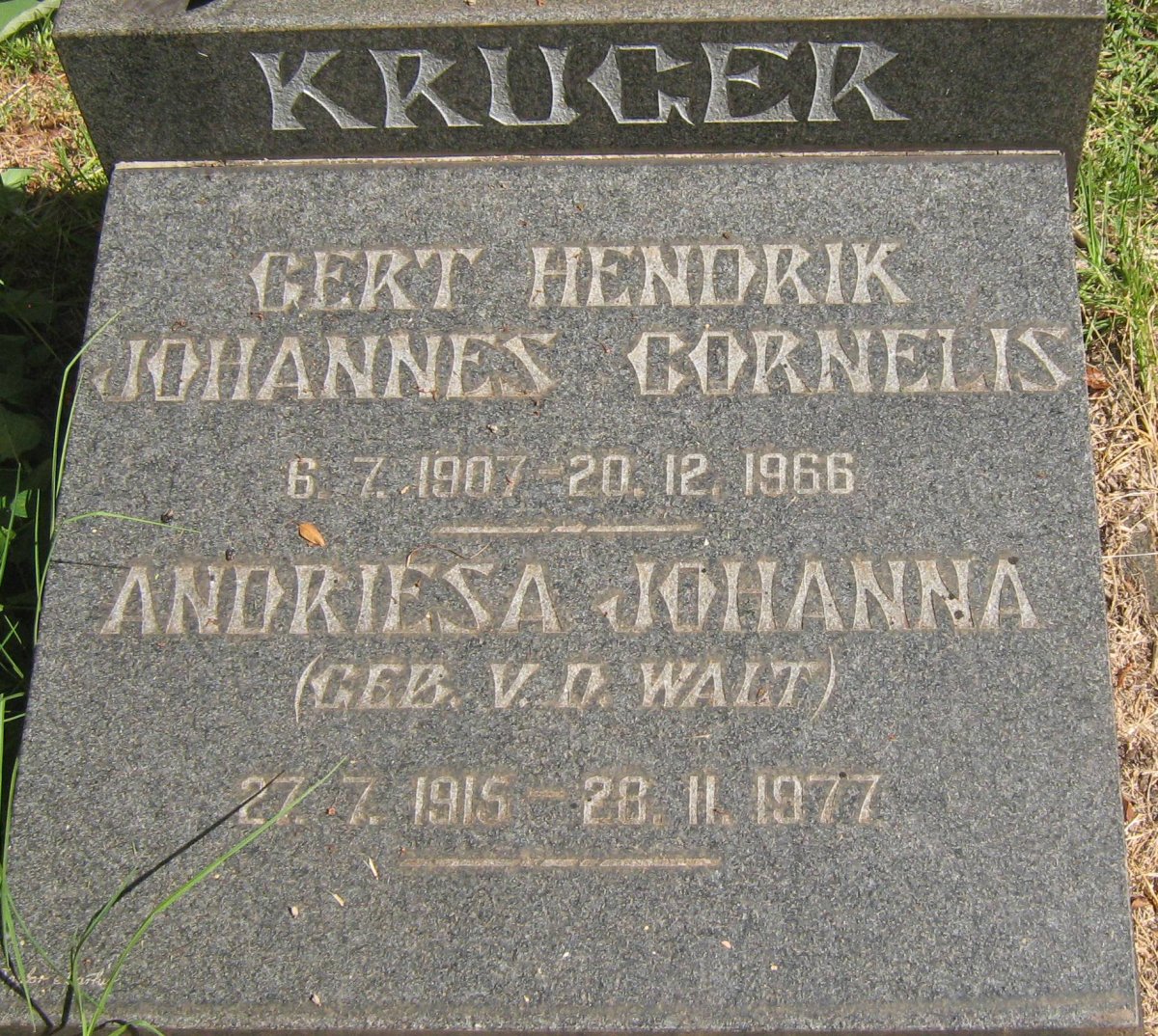 KRUGER Gert Hendrik Johannes Cornelis 1907-1966 &amp; Andriesa Johanna V.D. WALT 1915-1977