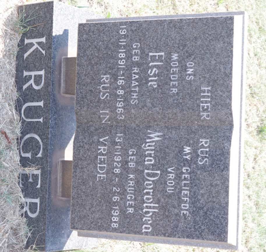 KRUGER Elsie nee RAATHS 1891-1963 :: KRUGER Myra Dorothea nee KRUGER 1928-1988