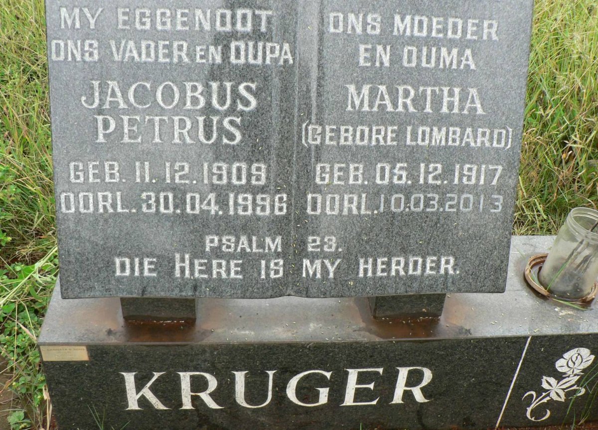 KRUGER Jacobus Petrus 1909-1996 &amp; Martha LOMBARD 1917-2013