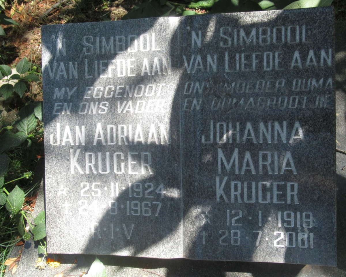 KRUGER Jan Adriaan 1924-1967 &amp; Johanna Maria 1919-2001