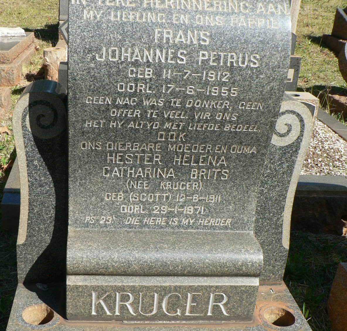KRUGER Frans Johannes Petrus 1912-1955 &amp; Hester Helena Catharina BRITS formerly KRUGER nee SCOTT 1911-1971