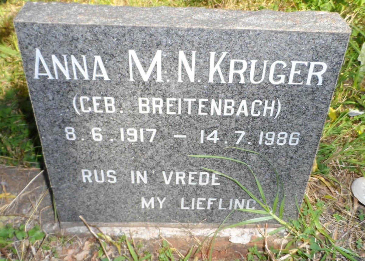 KRUGER Anna M.N. nee BREITENBACH 1917-1986