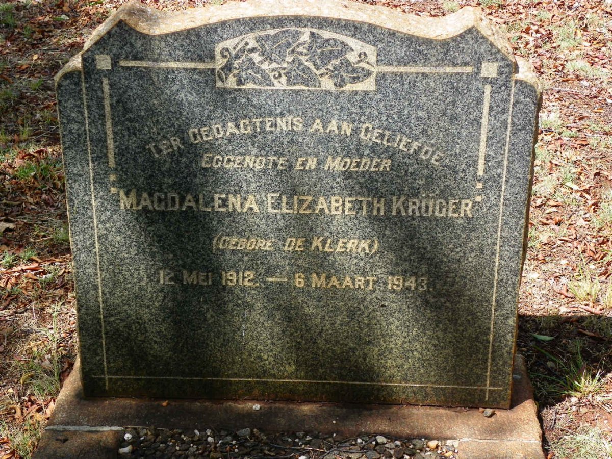 KRUGER Magdalena Elizabeth nee DE KLERK 1912-1943