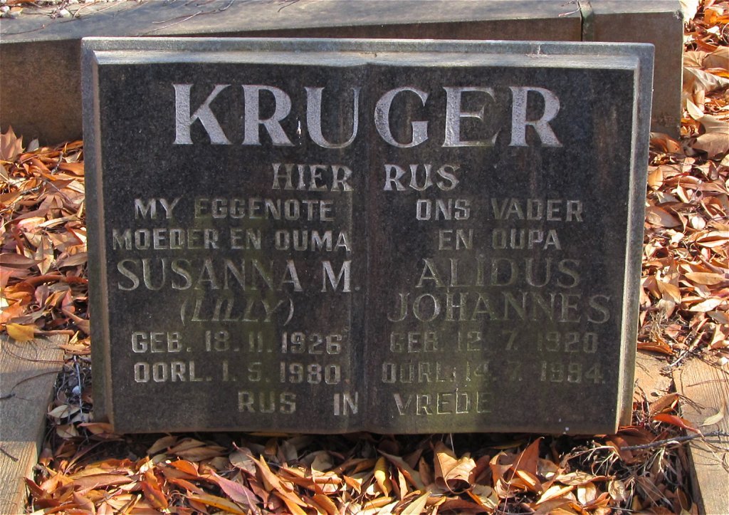 KRUGER Alidus Johannes 1920-1994 &amp; Susanna M. 1926-1980