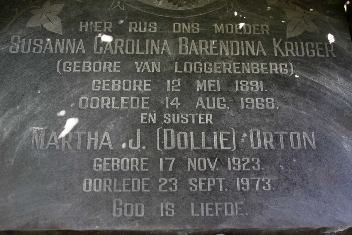 KRUGER Susanna Carolina Barendina nee VAN LOGGERENBERG 1891-1968 :: ORTON Martha J. 1923-1973