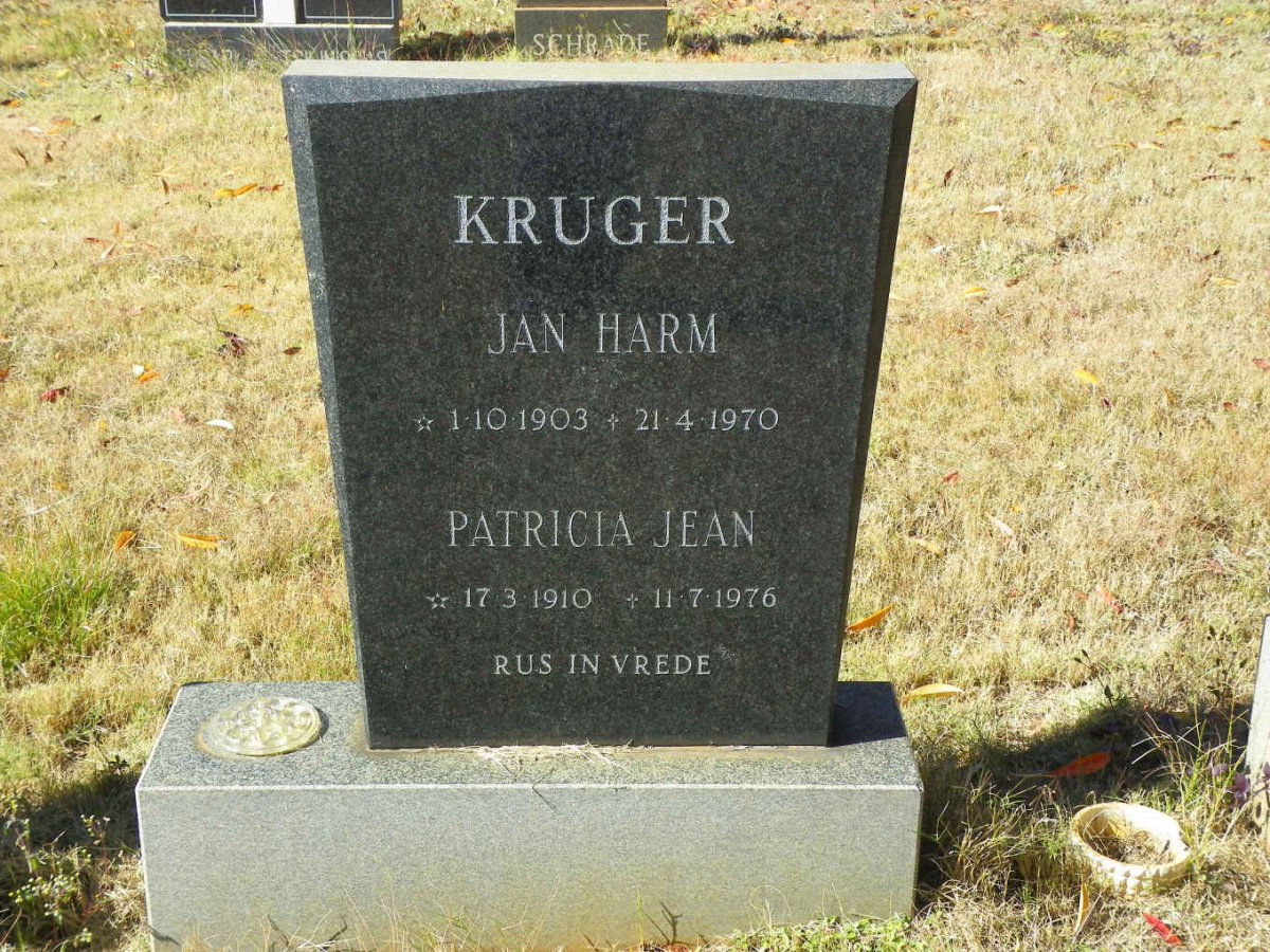 KRUGER Jan Harm 1903-1970 &amp; Patricia Jean 1910-1976