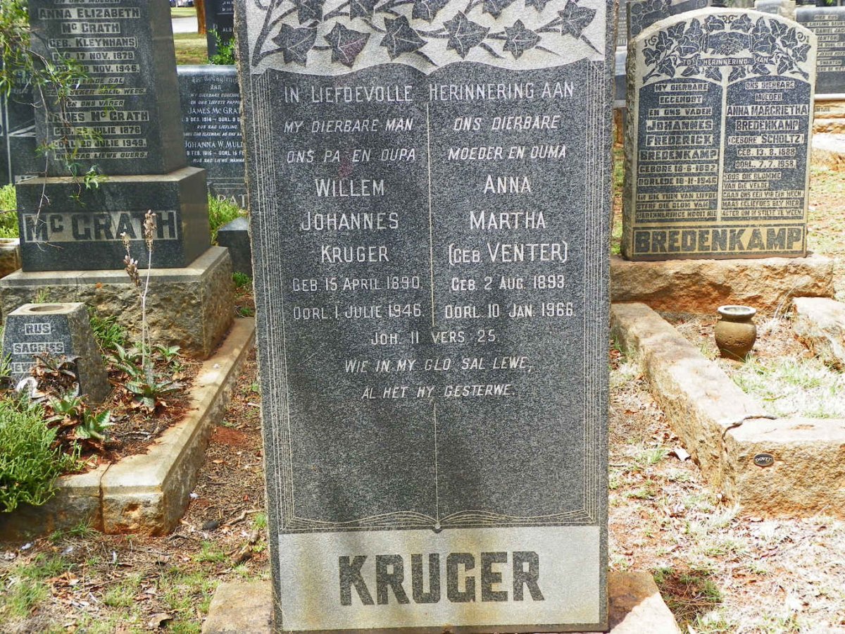 KRUGER Willem Johannes 1890-1946 &amp; Anna Martha VENTER 1893-1966