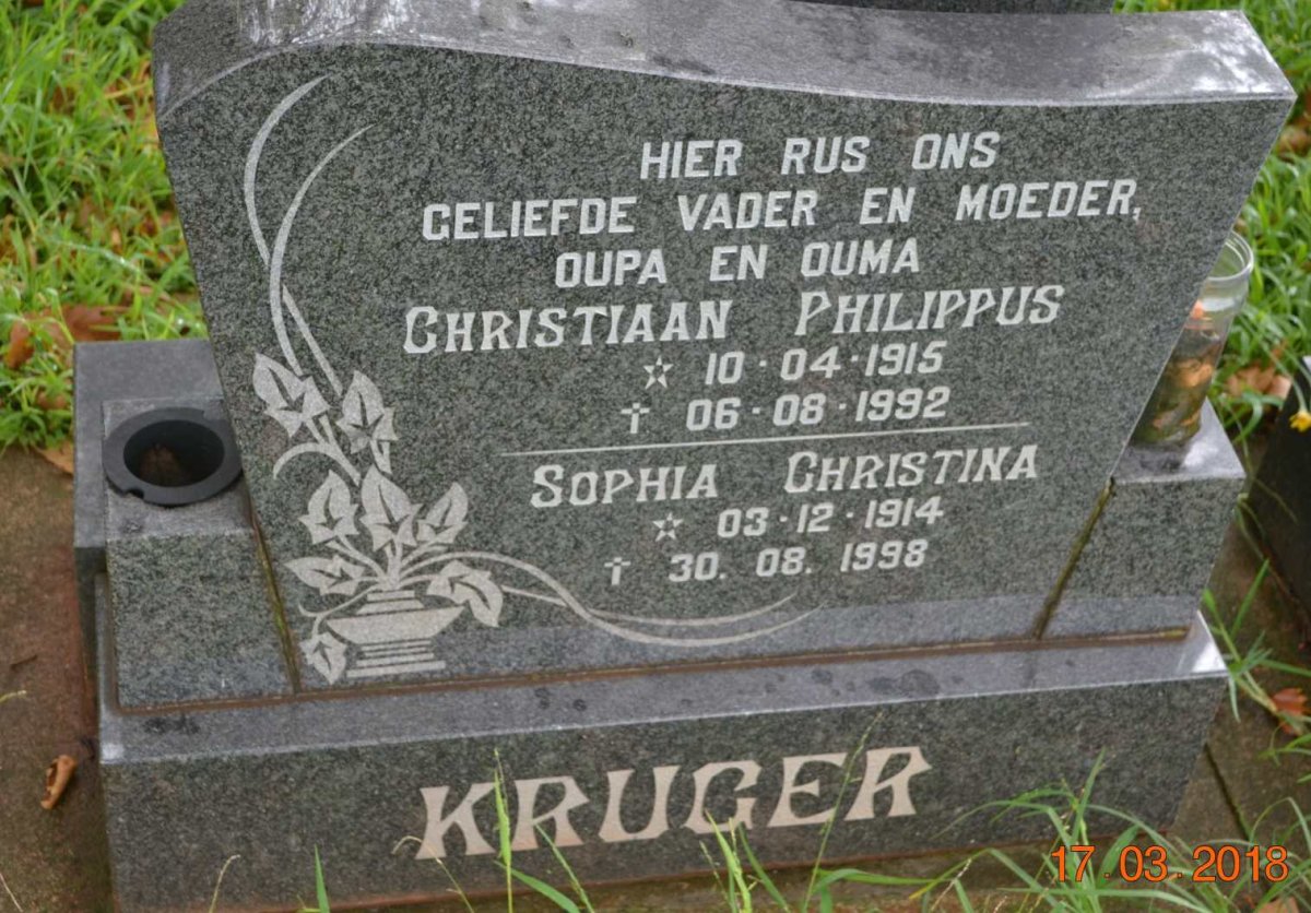 KRUGER Christiaan Philippus 1915-1992 &amp; Sophia Christina 1914-1998