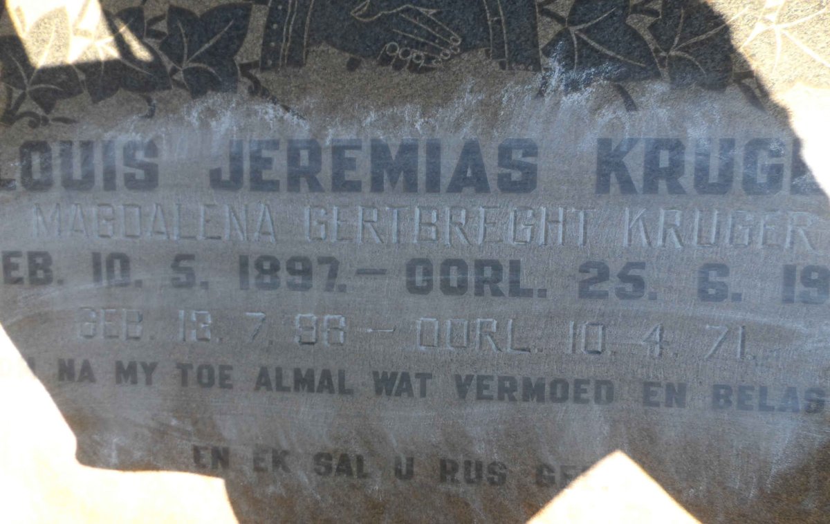 KRUGER Louis Jeremias 1897-1957 &amp; Magdalena Gertbreght 1898-1971