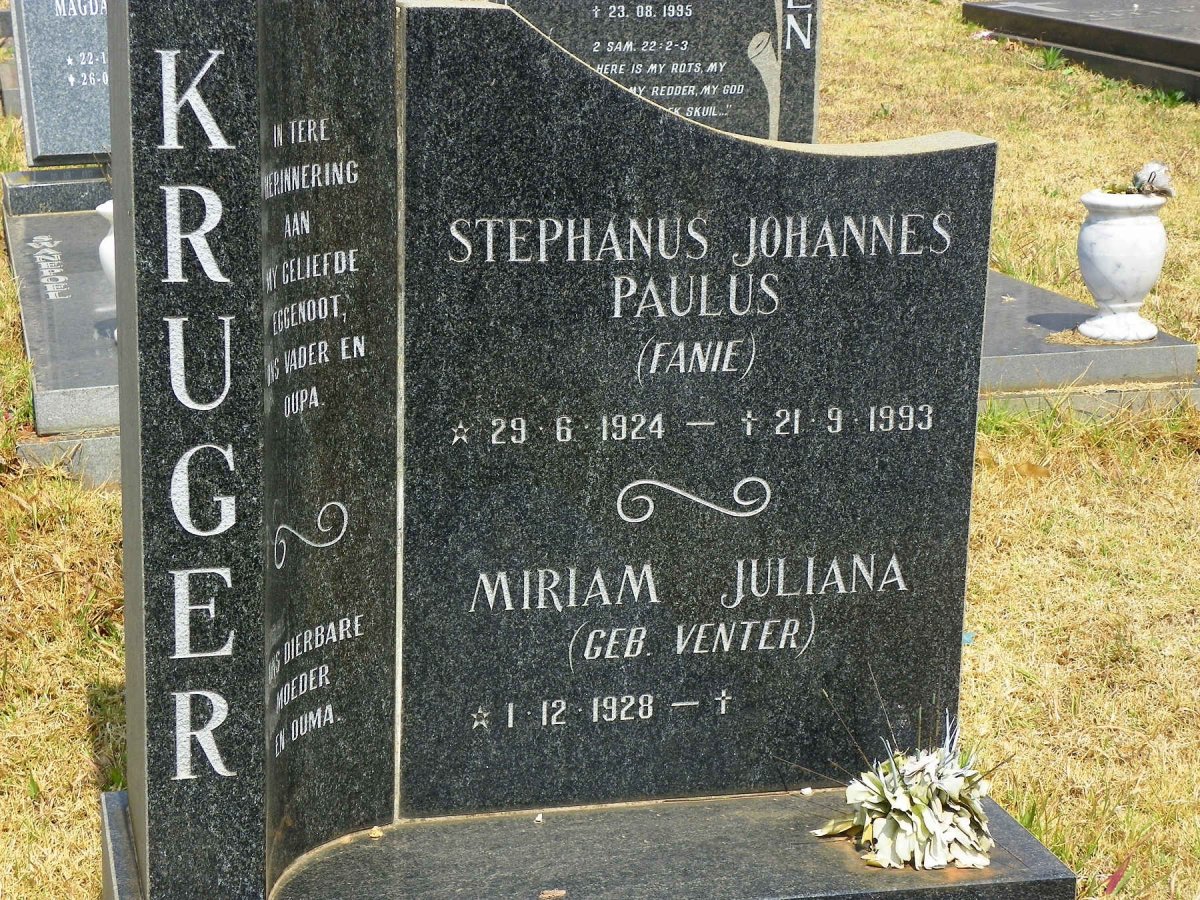 KRUGER Stephanus Johannes Paulus 1924-1993 &amp; Miriam Juliana VENTER 1928-