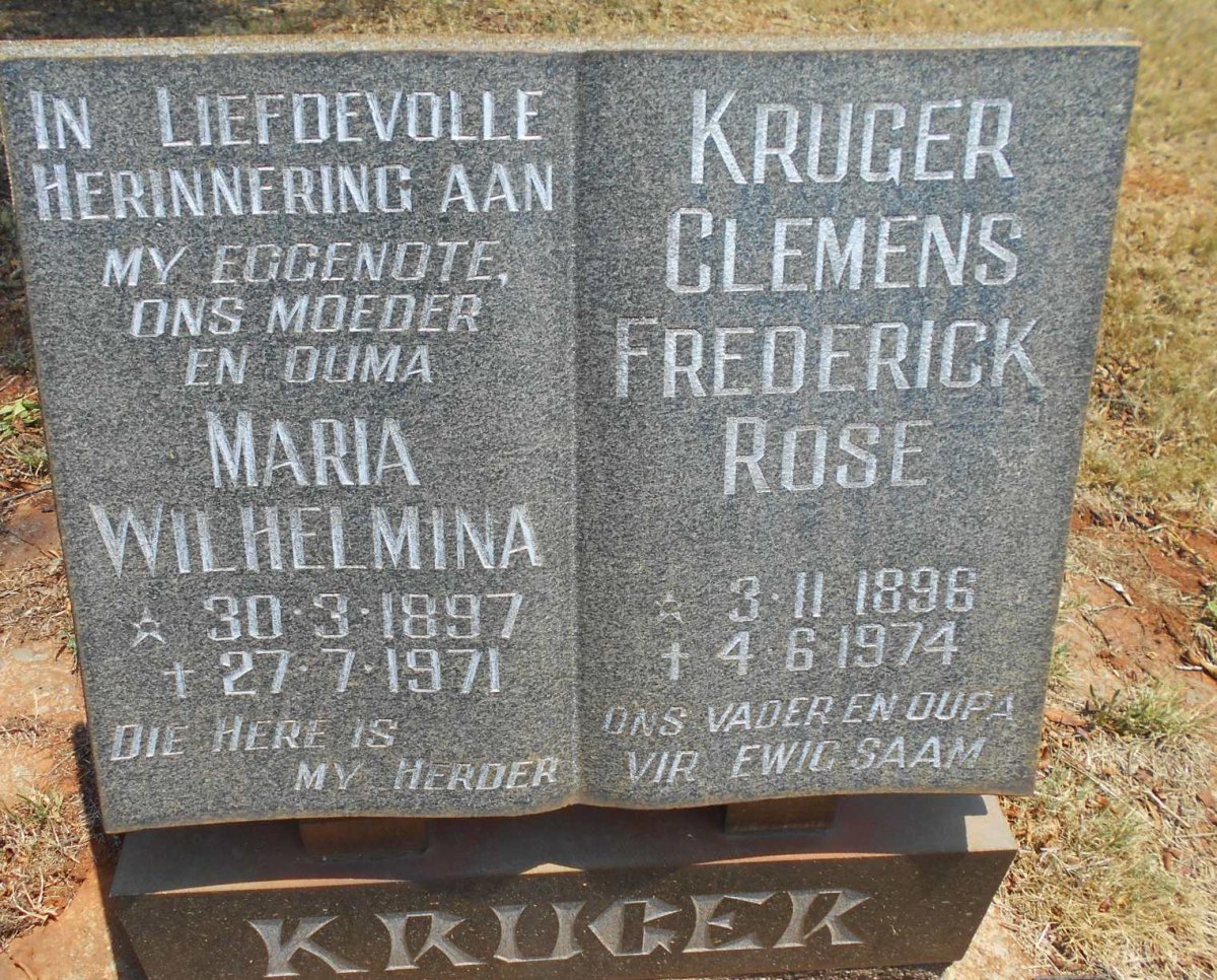KRUGER Clemens Frederick Rose 1896-1974 &amp; Maria Wilhelmina 1897-1971