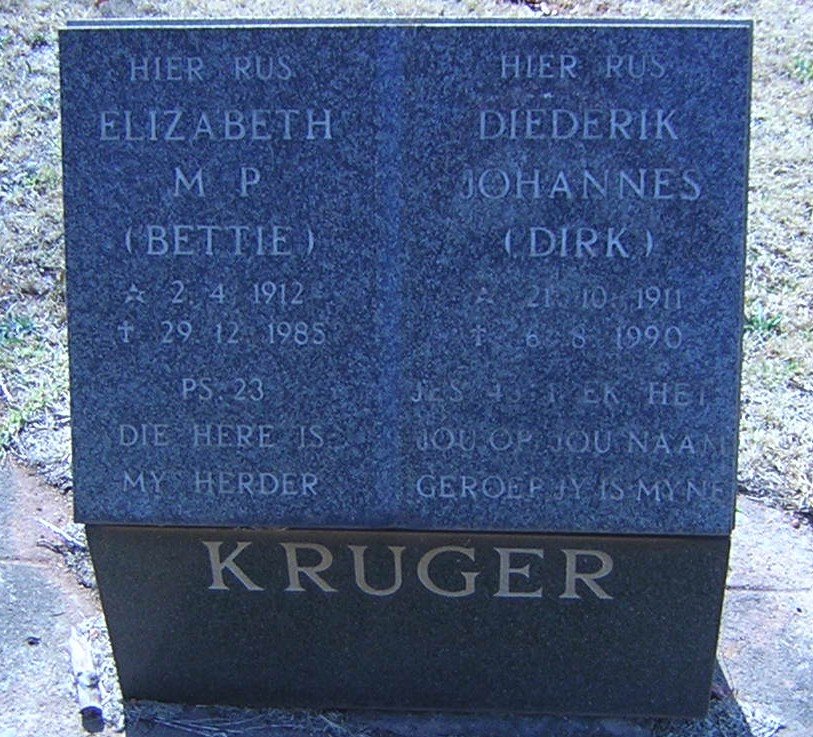 KRUGER Diederik Johannes 1911-1990 &amp; Elizabeth M.P. 1912-1985