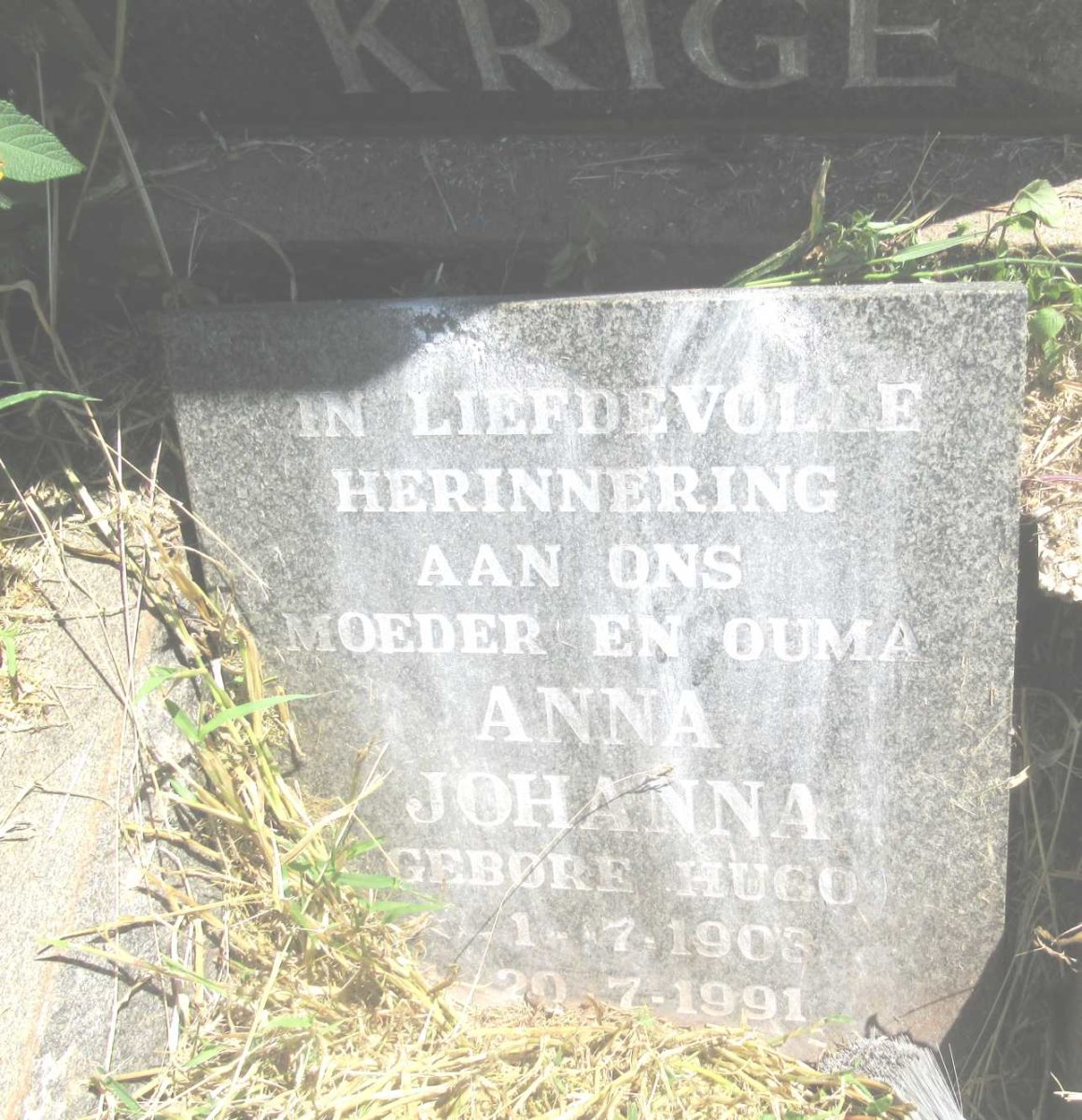 KRIGE Anna Johanna nee HUGO 1903-1991