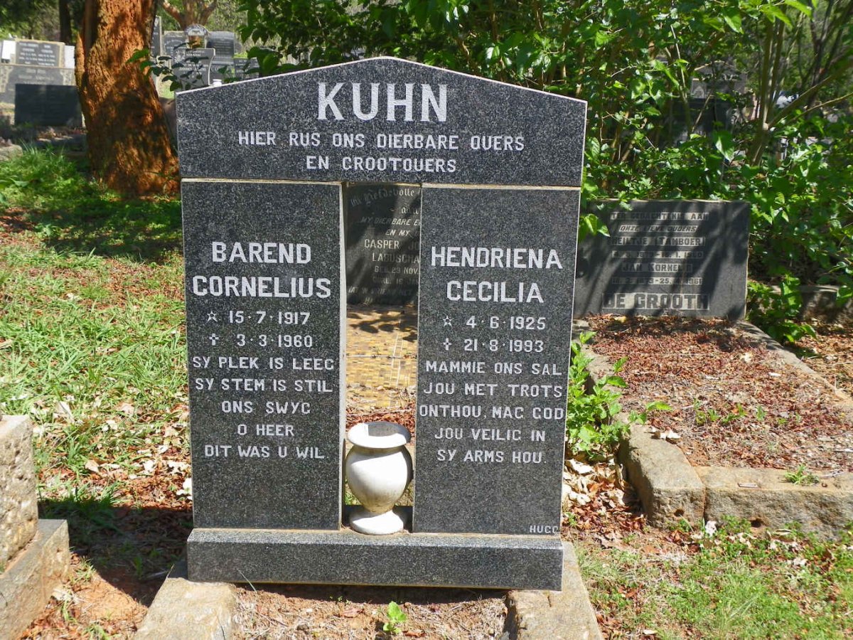 KUHN Barend Cornelius 1917-1960 &amp; Hendriena Cecilia 1925-1993