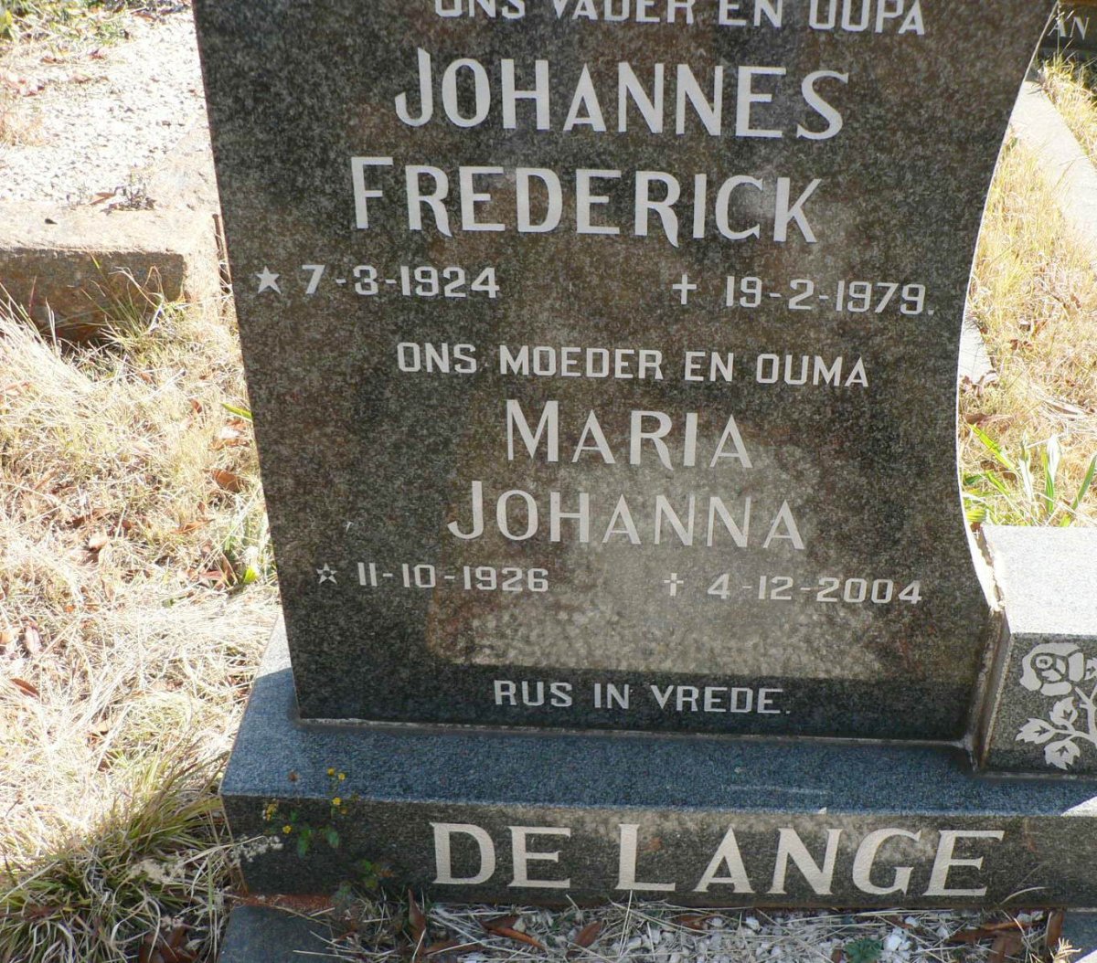 LANGE Johannes Frederick, de 1924-1979 &amp; Maria Johanna 1926-2004