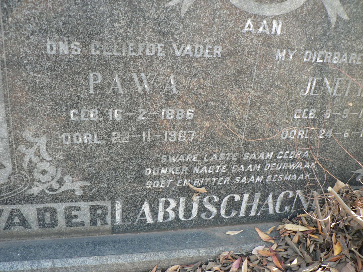 LABUSCHAGNE Pawa 1886-1967 &amp; Jenetta S. 1889-1960