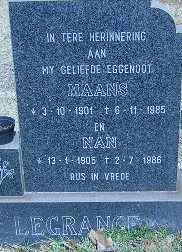 LEGRANGE Maans 1901-1985 &amp; Nan 1905-1986