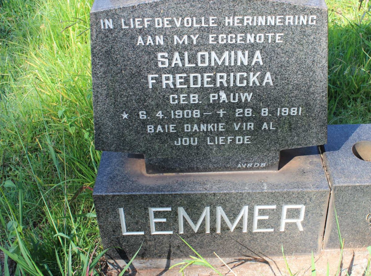 LEMMER Salomina Fredericka nee PAUW 1908-1981