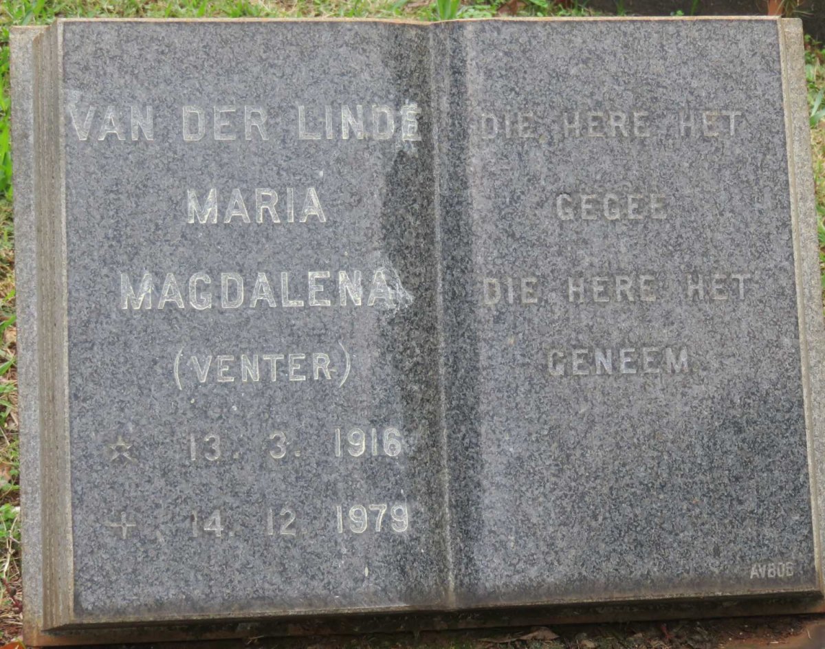 LINDE Maria Magdalena, van der nee VENTER 1916-1979