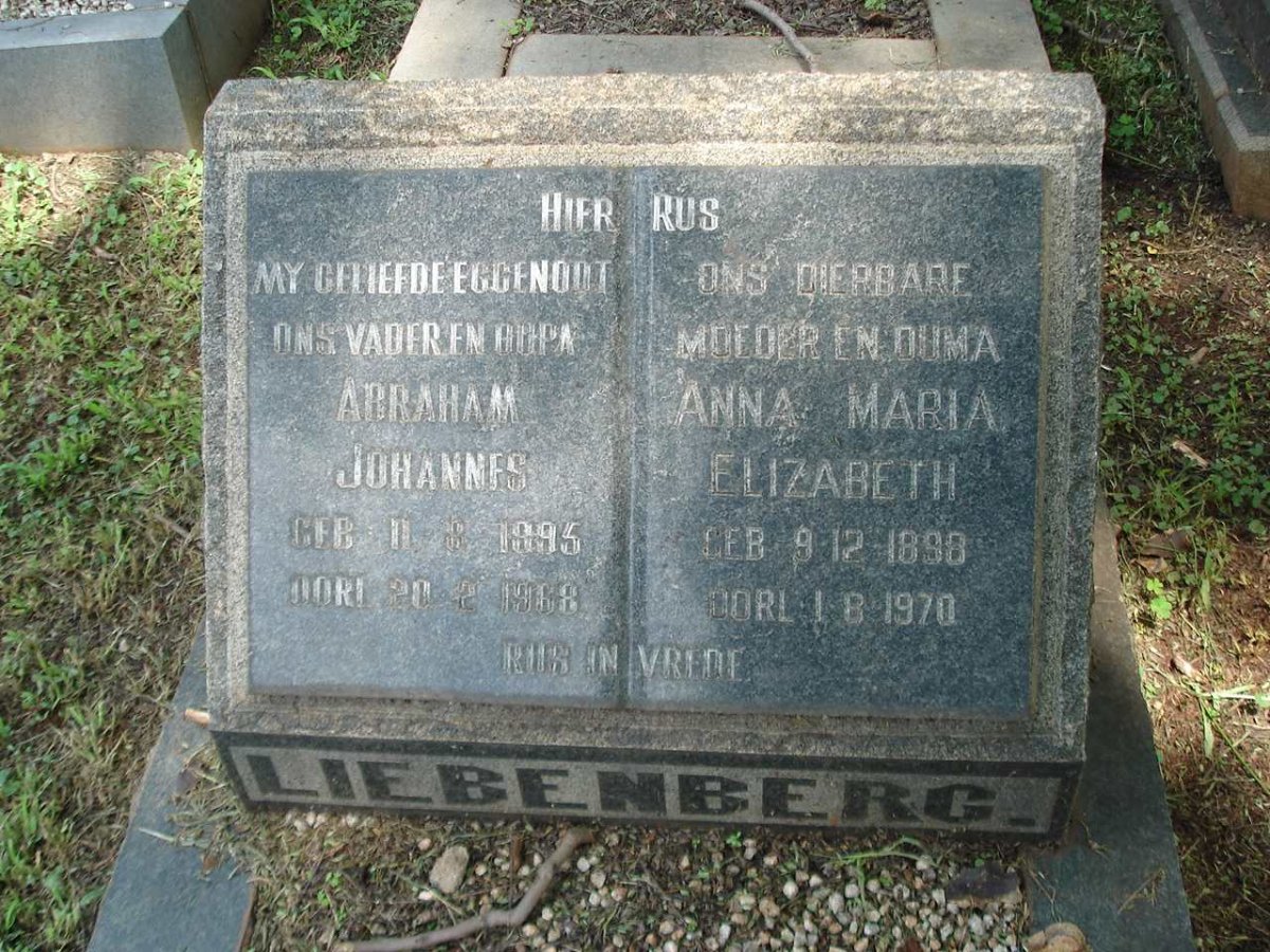 LIEBENBERG Abraham 1895-1968 &amp; Anna Maria Elizabeth 1898-1970