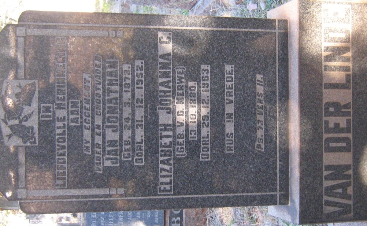 LINDE Jan Jonathan, van der 1873-1952 &amp; Elizabeth Johanna C. V.D. MERWE 1880-1963